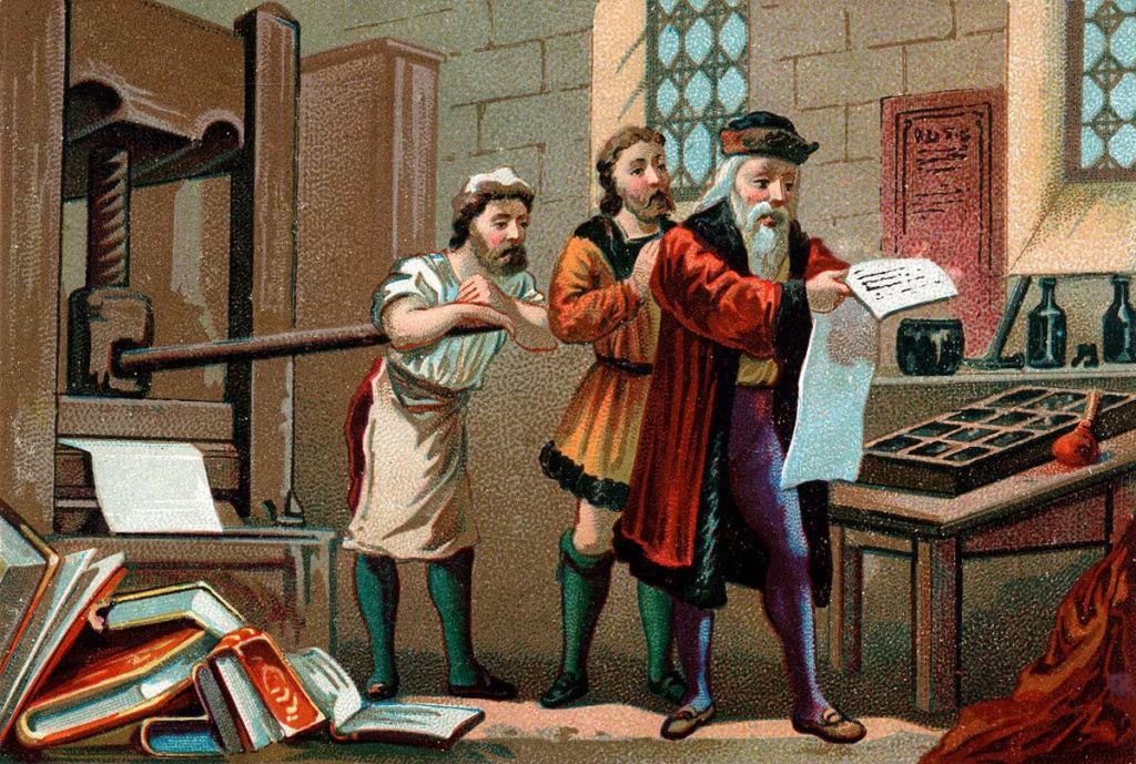 Ilustración de "Johannes Gutenberg imprimiendo la primera hoja de la Biblia"
STEFANO BIANCHETTI (GETTY)