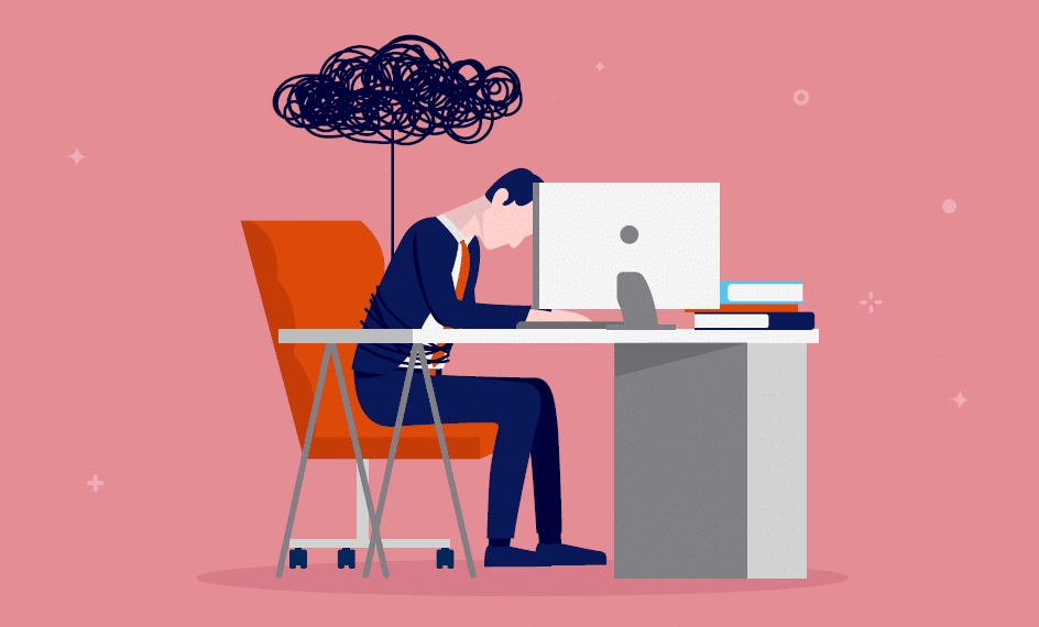 Ilustración de una persona con traje sentado frente a una computadora con la cabeza apoyada en el escritorio, mostrando signos de agotamiento o frustración. Encima de su cabeza hay una nube oscura garabateada que simboliza estrés o ansiedad. El fondo es de color rosa con detalles decorativos.